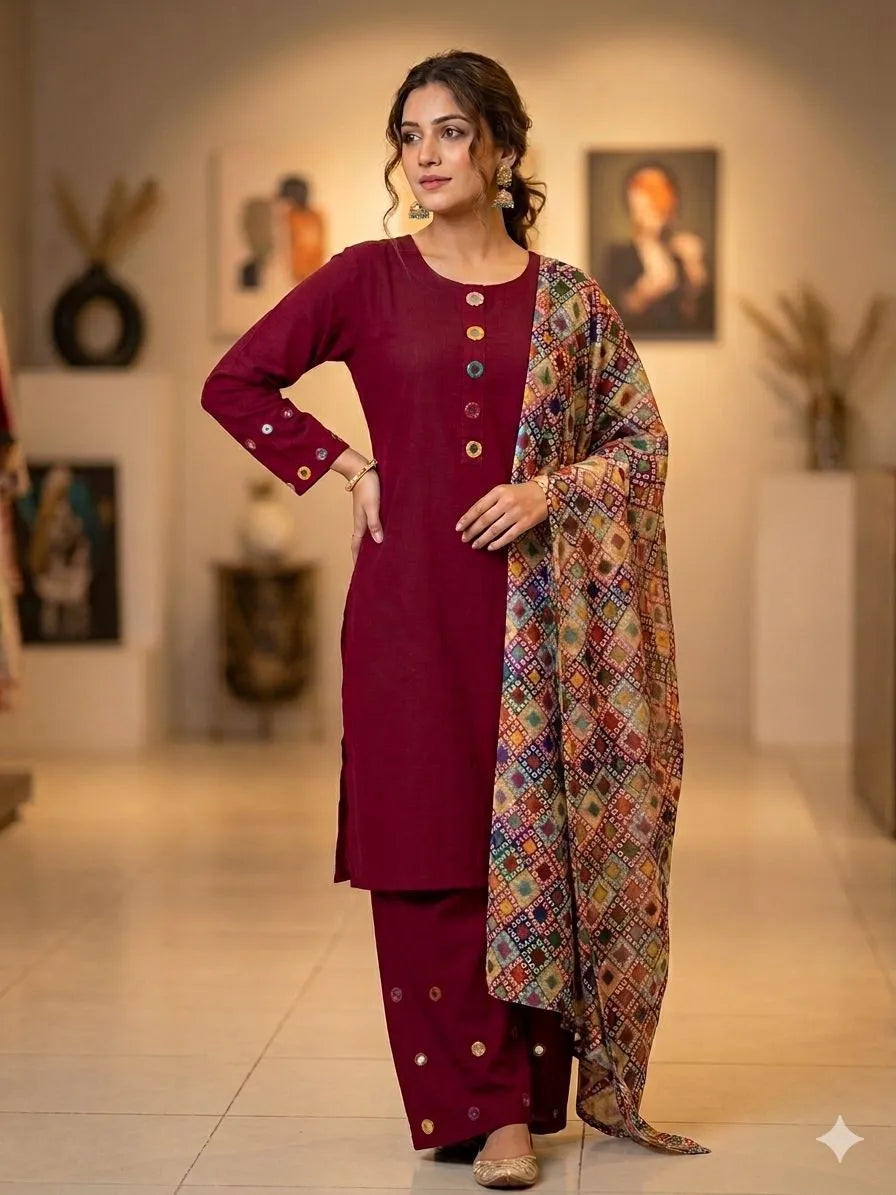 Three-piece women's stitched suit by Suitloom featuring embroidered lawn fabric with intricate detailing and vibrant colors.