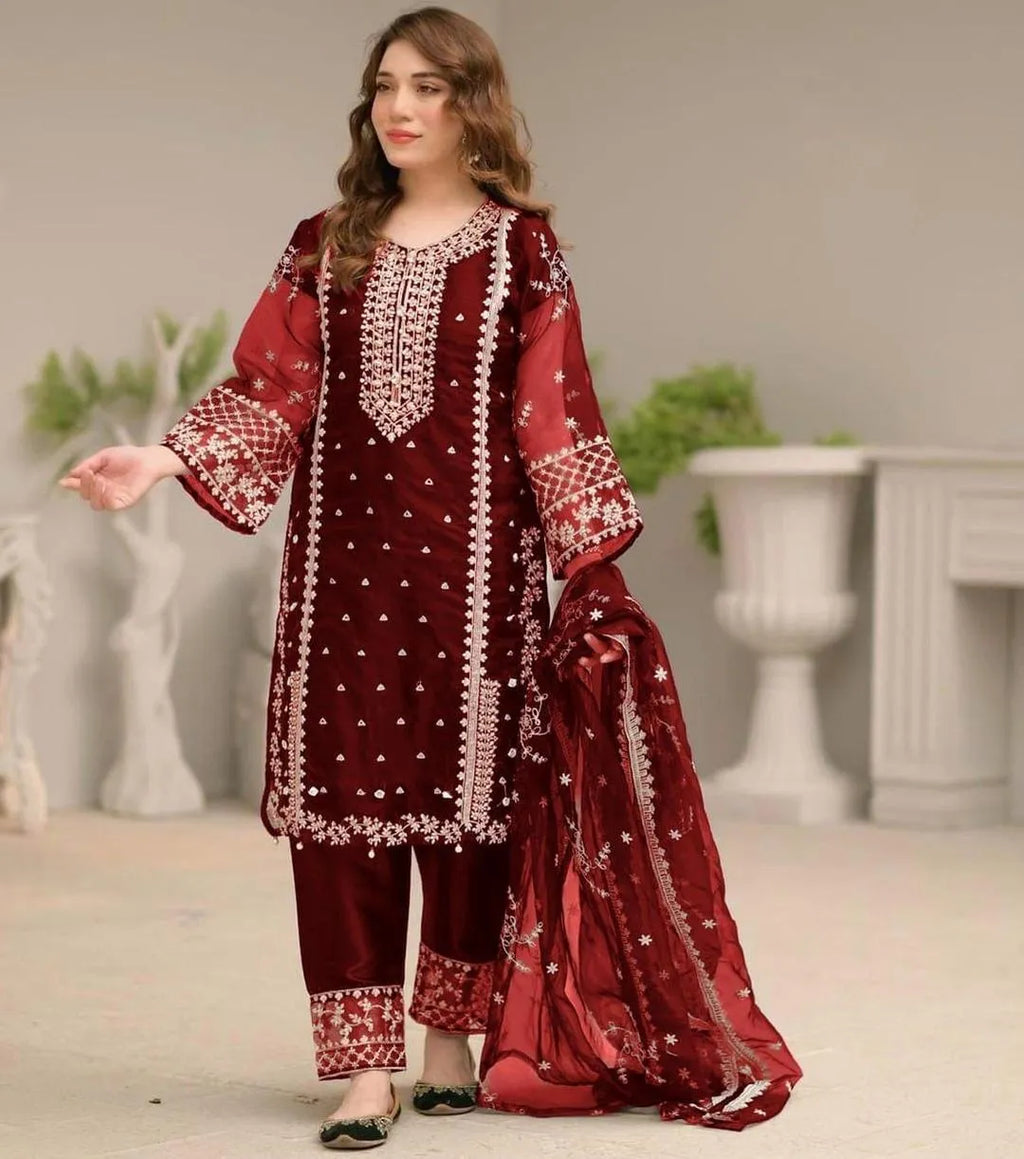 Maroon Embroidered 3-Piece Suit for Women – Unstitched Lawn/Linen Set