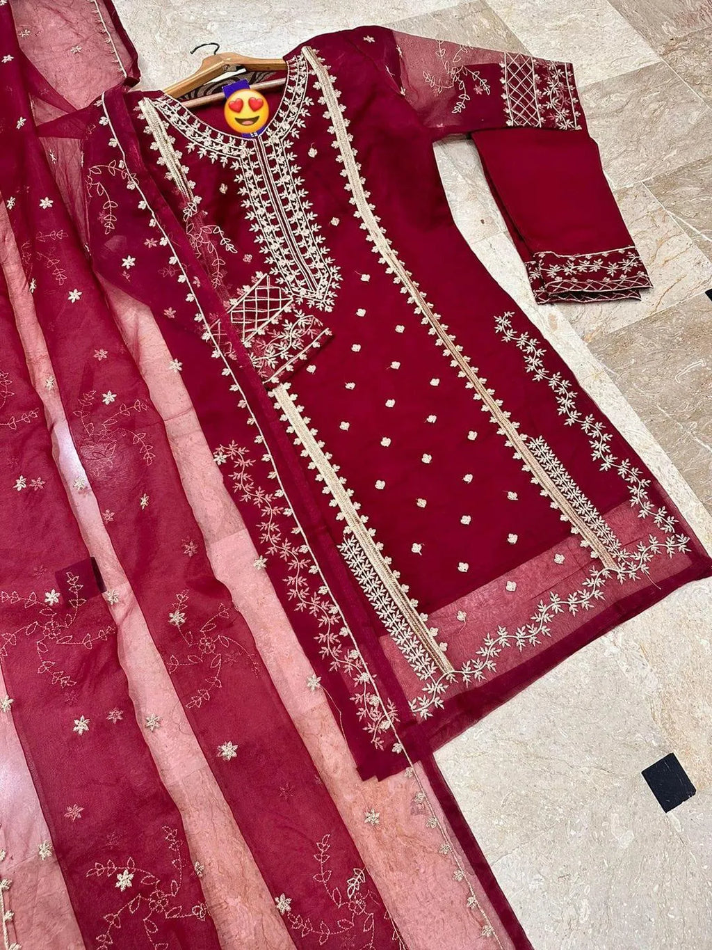 Maroon Embroidered 3-Piece Suit for Women – Unstitched Lawn/Linen Set