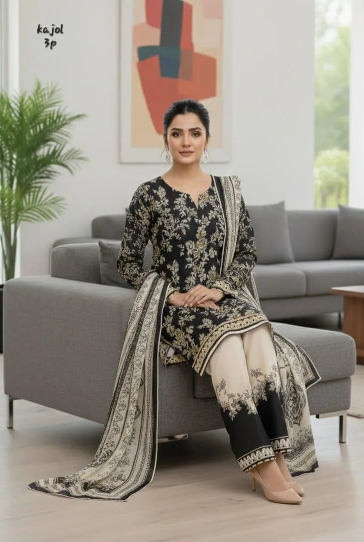 Women's 3Pc Arabic Lawn Printed Suit – Multicolor Unstitched Set