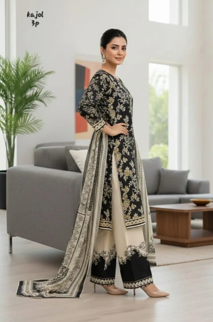 Women's 3Pc Arabic Lawn Printed Suit – Multicolor Unstitched Set