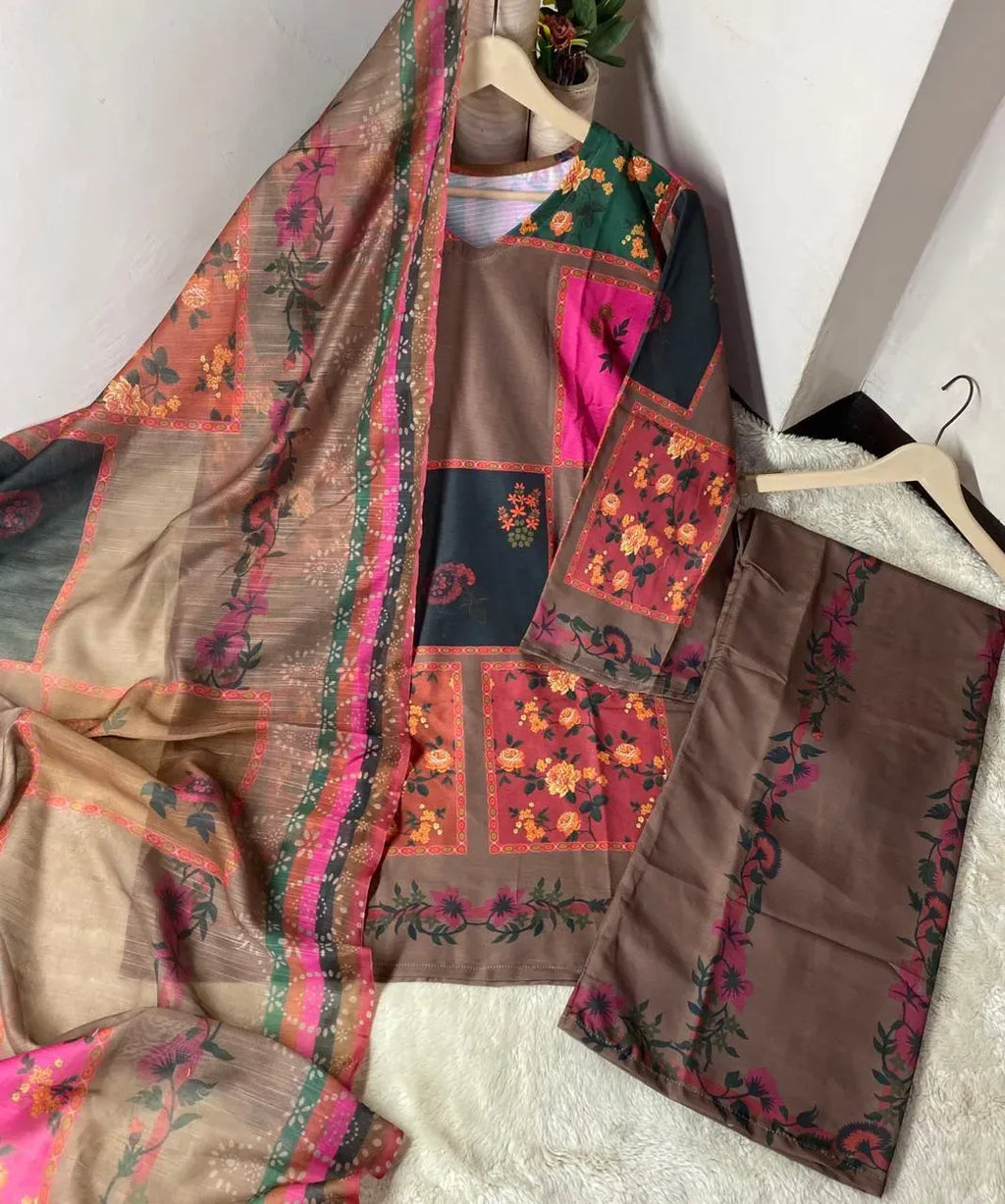 Doria Lawn 3Pc Suit – Brown & Pink Embroidered Unstitched Set (2.5m + 2m + 2.5m)