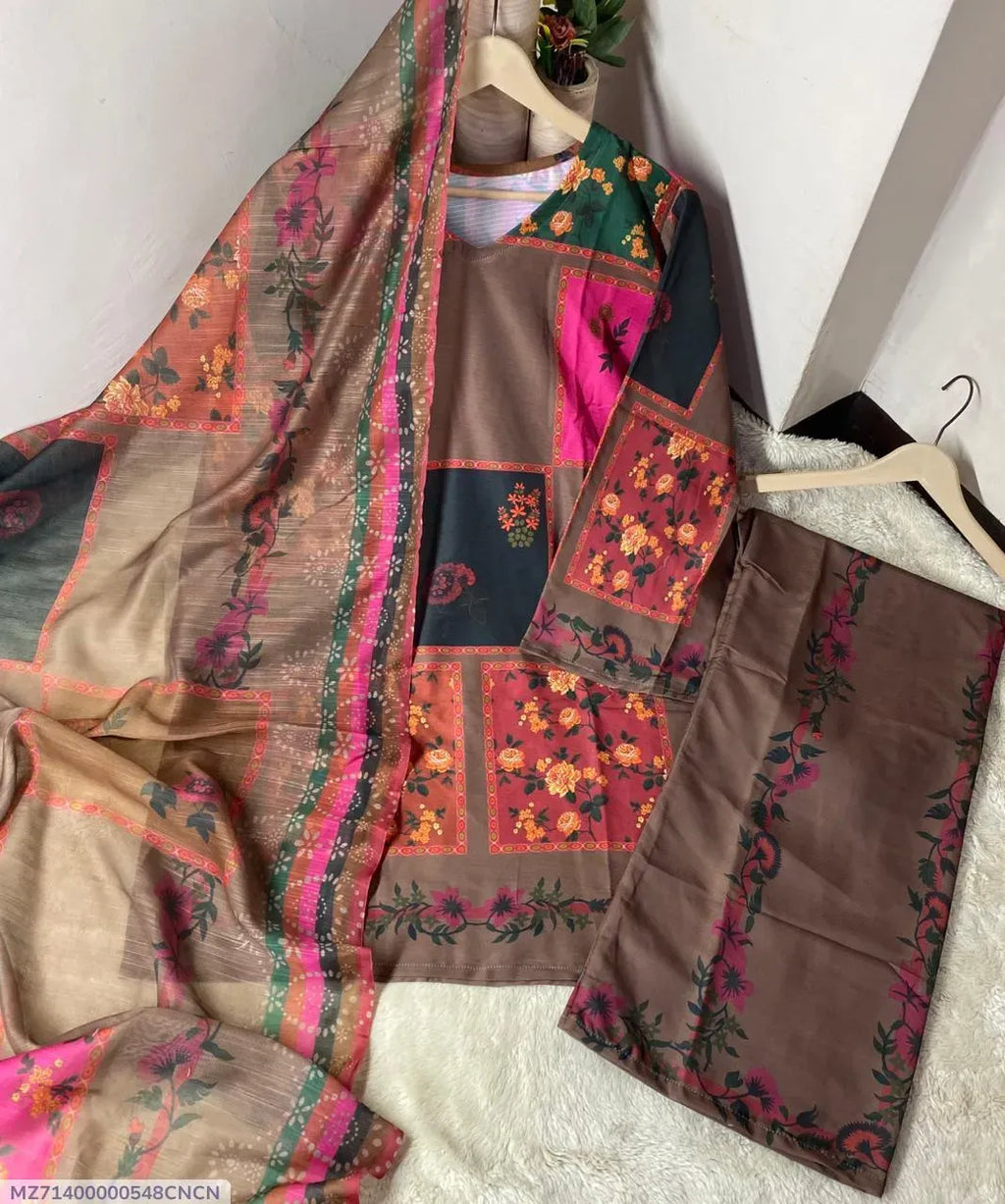 Doria Lawn 3Pc Suit – Brown & Pink Embroidered Unstitched Set (2.5m + 2m + 2.5m)