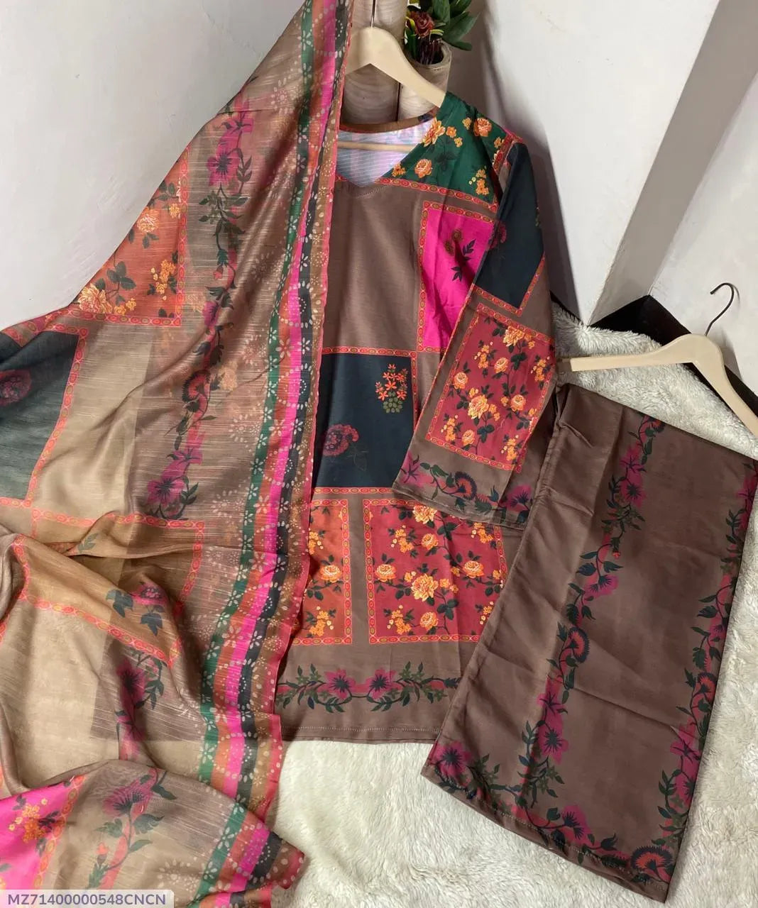 Doria Lawn 3Pc Suit – Brown & Pink Embroidered Unstitched Set (2.5m + 2m + 2.5m)